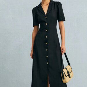 RIHOAS Black V Neck Button Midi Dress XL